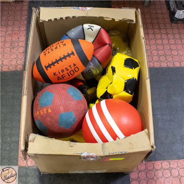 BOX OF INFLATABLE SPORTS BALLS ASSORTED