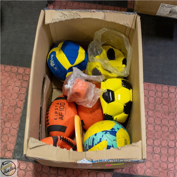 BOX OF INFLATABLE SPORTS BALLS ASSORTED