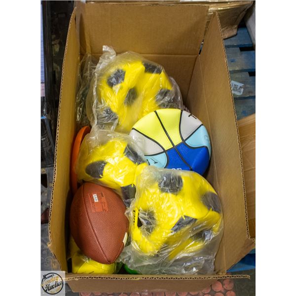 BOX OF INFLATABLE SPORTS BALLS ASSORTED