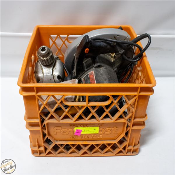 PLASTIC CRATE OF 4 ELECTRIC TOOLS