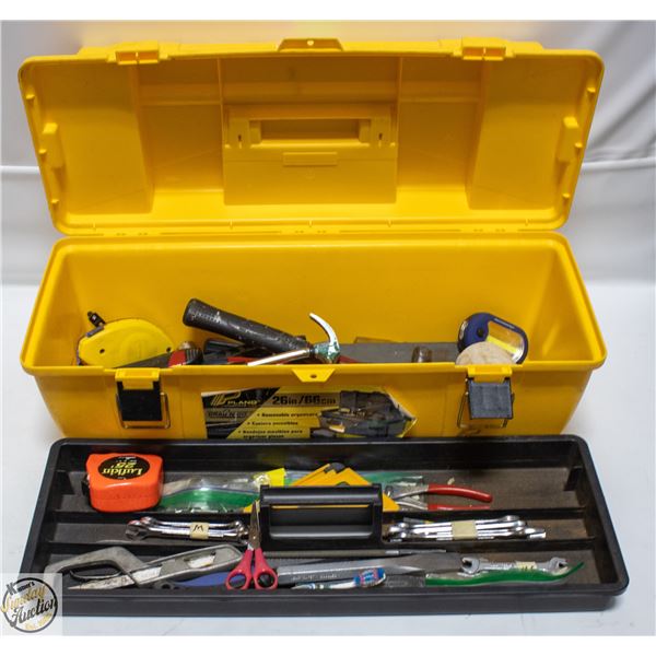 LARGE YELLOW PLASTIC TOOL BOX C/W TOOLS