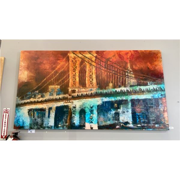 LARGE OIL ON CANVAS TRANSFER PRINT  CITY BRIDGE SCENE  - APPROX. 88  X 48 