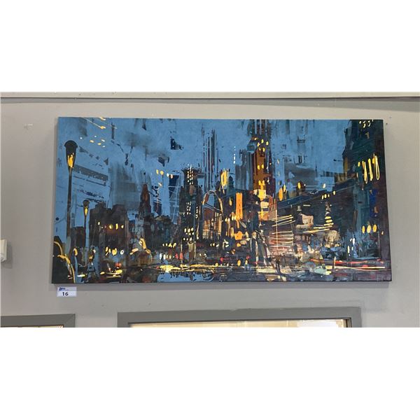 LARGE OIL ON CANVAS TRANSFER PRINT "CITY SCAPE SCENE" - APPROX. 72" X 36"