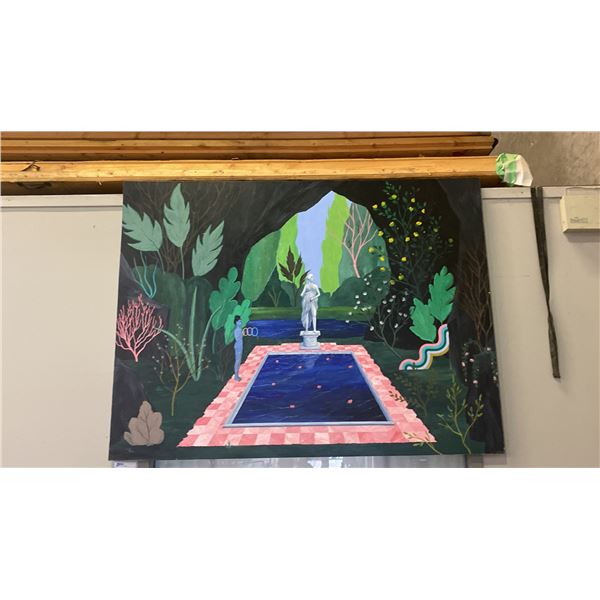 LARGE ORIGINAL OIL ON CANVAS PAINTING "NUDE STATUE BY THE POOL SCENE" - APPROX. 72" X 54"