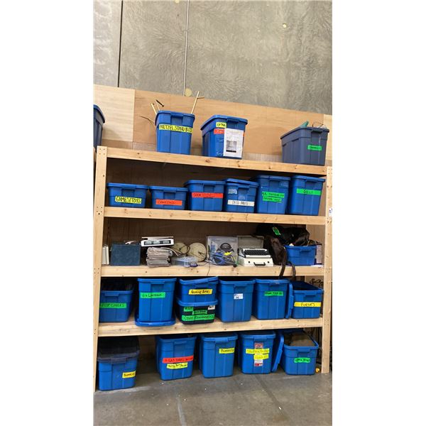 5 SHELVES OF RUBBERMAID BINS FILLED WITH ASSORTED ITEMS -  PURSES, DOLLS, LANTERNS, CAMPING