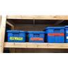 Image 3 : 5 SHELVES OF RUBBERMAID BINS FILLED WITH ASSORTED ITEMS -  PURSES, DOLLS, LANTERNS, CAMPING