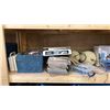 Image 6 : 5 SHELVES OF RUBBERMAID BINS FILLED WITH ASSORTED ITEMS -  PURSES, DOLLS, LANTERNS, CAMPING