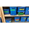 Image 7 : 5 SHELVES OF RUBBERMAID BINS FILLED WITH ASSORTED ITEMS -  PURSES, DOLLS, LANTERNS, CAMPING
