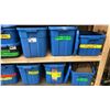Image 8 : 5 SHELVES OF RUBBERMAID BINS FILLED WITH ASSORTED ITEMS -  PURSES, DOLLS, LANTERNS, CAMPING