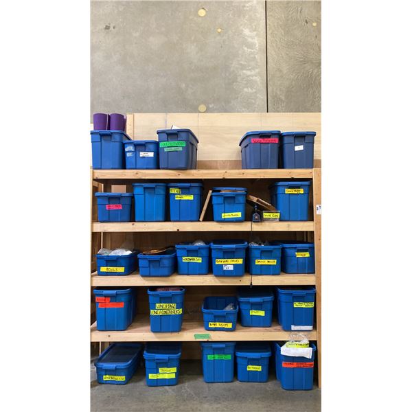 5 SHELVES OF RUBBERMAID BINS FILLED WITH ASSORTED ITEMS - INSTRUMENTS, DISHWARE, GLASSWARE,