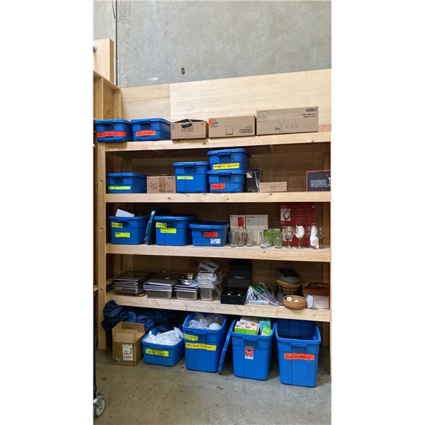 5 SHELVES OF RUBBERMAID BINS & BOXES FILLED WITH ASSORTED ITEMS - COMMERCIAL KITCHENWARE,