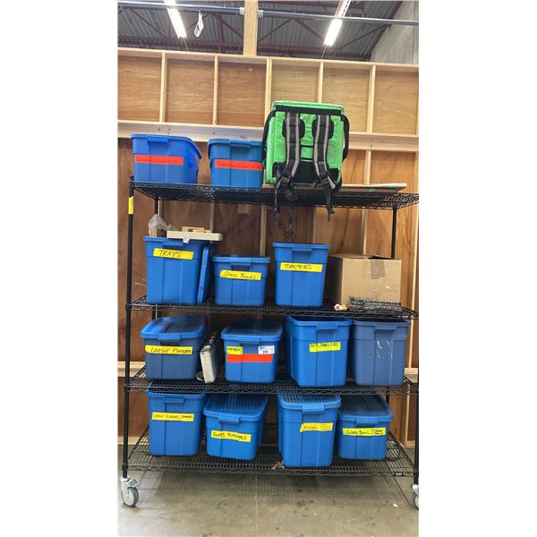 4 SHELVES OF RUBBERMAID BINS FILLED WITH ASSORTED ITEMS -  KITCHENWARES, POTS & PANS, PLATTERS