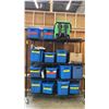 Image 1 : 4 SHELVES OF RUBBERMAID BINS FILLED WITH ASSORTED ITEMS -  KITCHENWARES, POTS & PANS, PLATTERS
