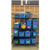 Image 1 : 4 SHELVES OF RUBBERMAID BINS FILLED WITH ASSORTED ITEMS -  KITCHENWARES, GARDEN ORNAMENTS,