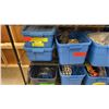 Image 2 : 4 SHELVES OF RUBBERMAID BINS FILLED WITH ASSORTED ITEMS -  KITCHENWARES, GARDEN ORNAMENTS,