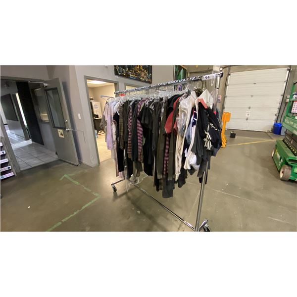 MOBILE WARDROBE RACK FILLED WITH ASSORTED CLOTHING