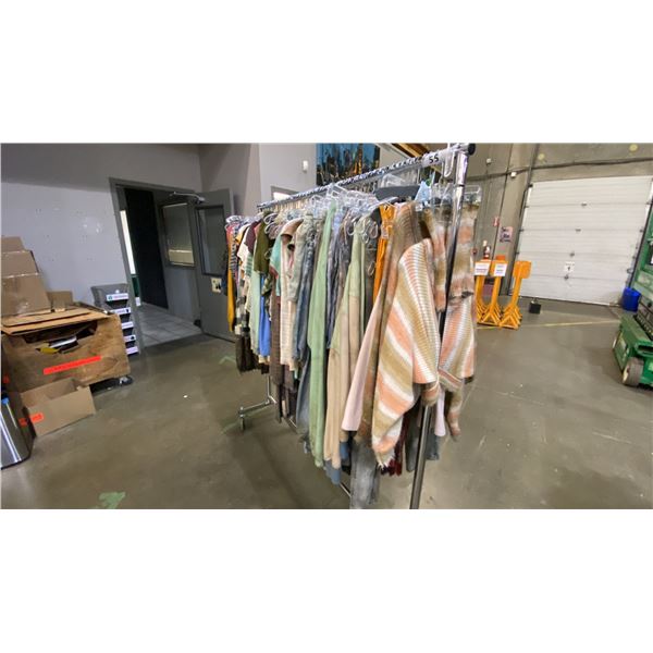 MOBILE WARDROBE RACK FILLED WITH ASSORTED CLOTHING