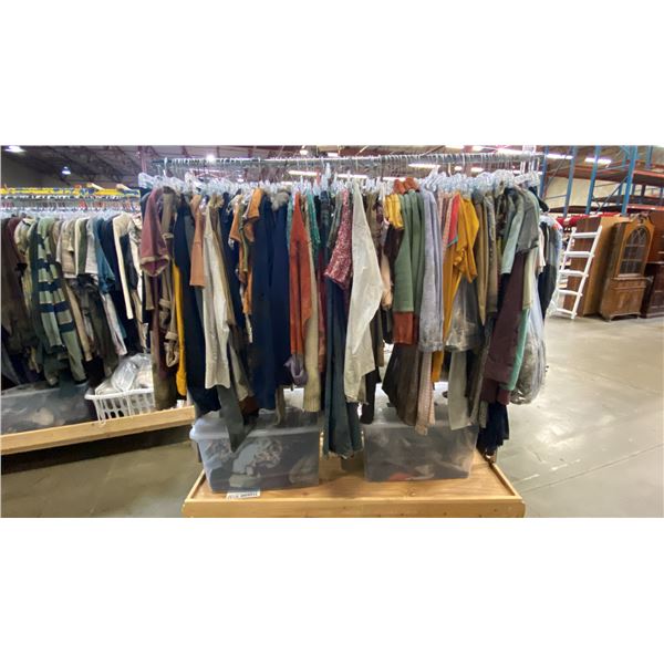 MOBILE WARDROBE RACK FILLED WITH ASSORTED CLOTHING
