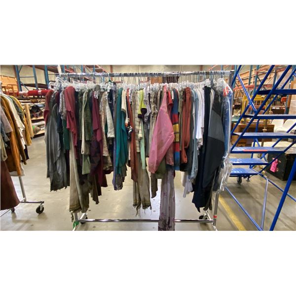 MOBILE WARDROBE RACK FILLED WITH ASSORTED CLOTHING