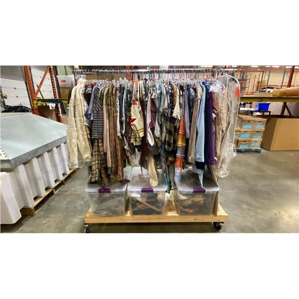 MOBILE WARDROBE RACK FILLED WITH ASSORTED CLOTHING