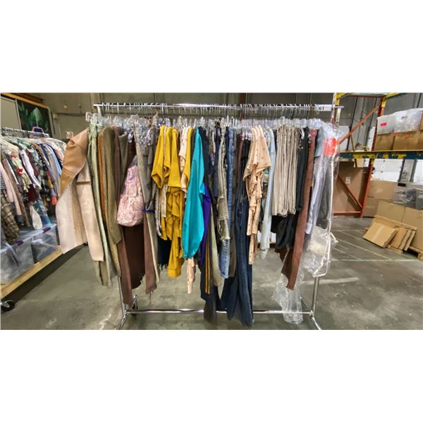 MOBILE WARDROBE RACK FILLED WITH ASSORTED CLOTHING