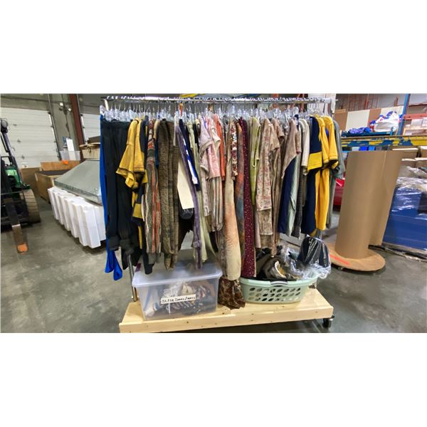 MOBILE WARDROBE RACK FILLED WITH ASSORTED CLOTHING