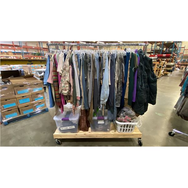 MOBILE WARDROBE RACK FILLED WITH ASSORTED CLOTHING