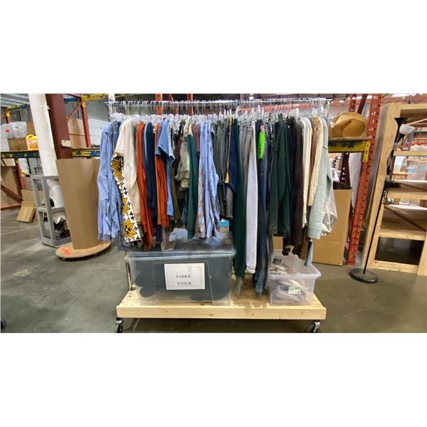 MOBILE WARDROBE RACK FILLED WITH ASSORTED CLOTHING