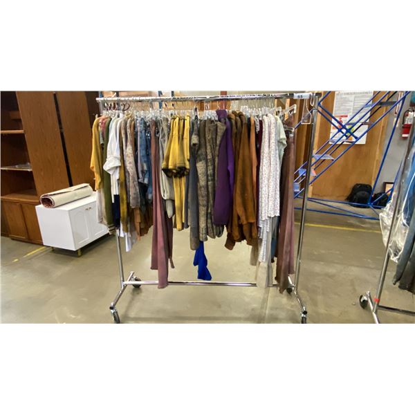 MOBILE WARDROBE RACK FILLED WITH ASSORTED CLOTHING
