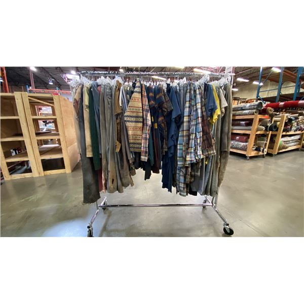 MOBILE WARDROBE RACK FILLED WITH ASSORTED CLOTHING
