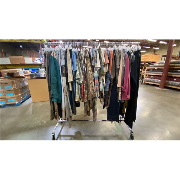 MOBILE WARDROBE RACK FILLED WITH ASSORTED CLOTHING