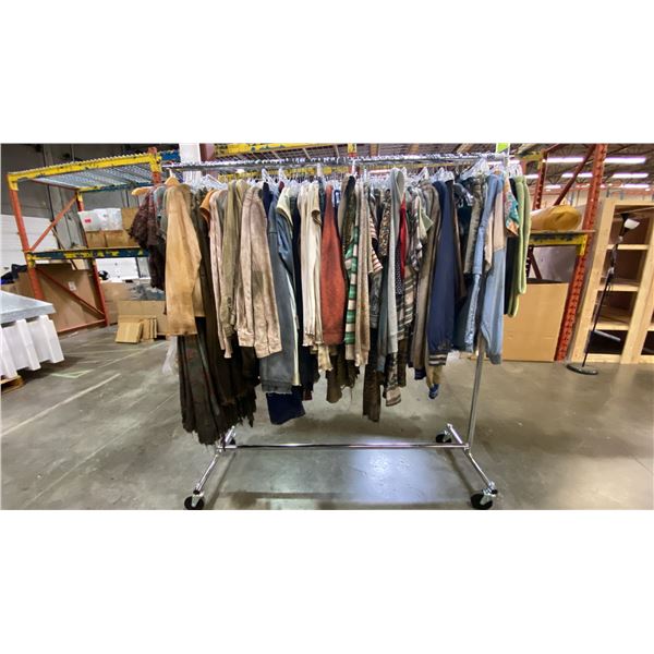 MOBILE WARDROBE RACK FILLED WITH ASSORTED CLOTHING