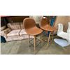 Image 2 : PAIR OF CONTEMPORARY BROWN LEATHER UPHOLSTERED WOOD WITH METAL BAR STOOLS
