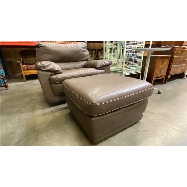 CONTEMPORARY BROWN LEATHER 2 PCS. CHAIR WITH FOOTSTOOL SET