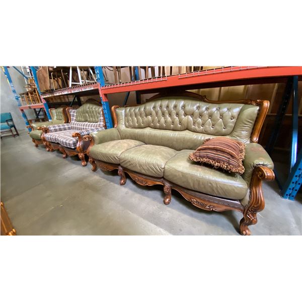3 PCS. GREEN LEATHER UPHOLSTERED CARVED MAHOGANY SOFA, LOVESEAT AND CHAIR SET