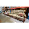 Image 1 : 3 PCS. GREEN LEATHER UPHOLSTERED CARVED MAHOGANY SOFA, LOVESEAT AND CHAIR SET