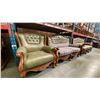 Image 2 : 3 PCS. GREEN LEATHER UPHOLSTERED CARVED MAHOGANY SOFA, LOVESEAT AND CHAIR SET