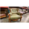 Image 4 : 3 PCS. GREEN LEATHER UPHOLSTERED CARVED MAHOGANY SOFA, LOVESEAT AND CHAIR SET