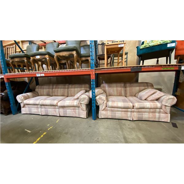 MULTI COLORED PASTEL FABRIC UPHOLSTERED 2 PCS. SOFA & LOVESEAT SET WITH THROW CUSHIONS