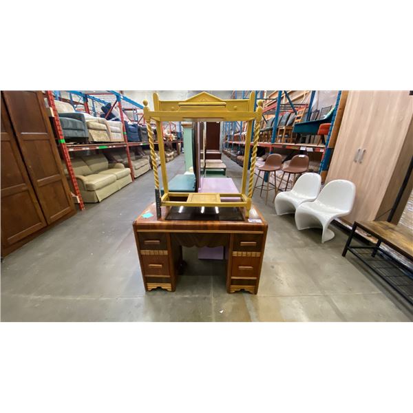 ANTIQUE WATERFALL FRONT WALNUT VANITY DRESSER (NO MIRROR) AND PAINTED YELLOW HALL STAND