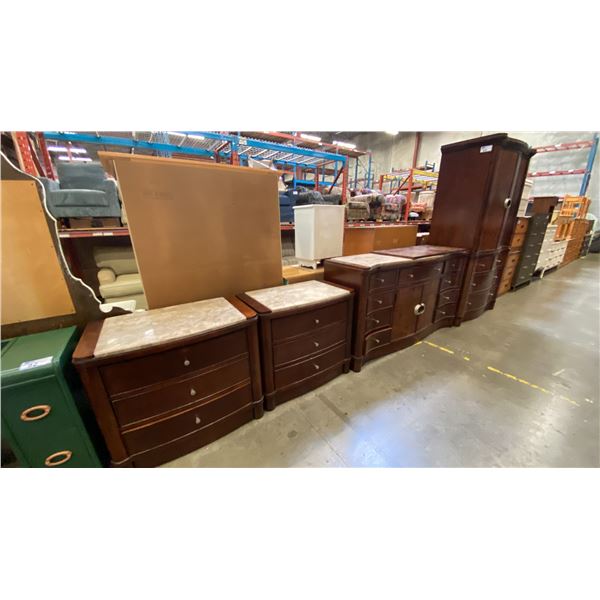 4 PCS. BEDROOM SET - 4 DRAWER WARDROBE DRESSER, 9 DRAWER MARBLE TOP DRESSER WITH BOTTOM
