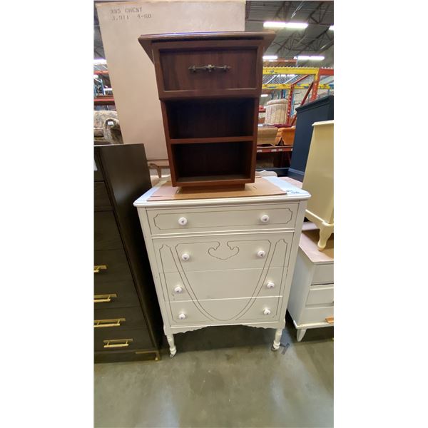 ANTIQUE PAINTED WHITE 4 DRAWER BEDROOM DRESSER AND SINGLE DRAWER MAHOGANY NIGHT STAND