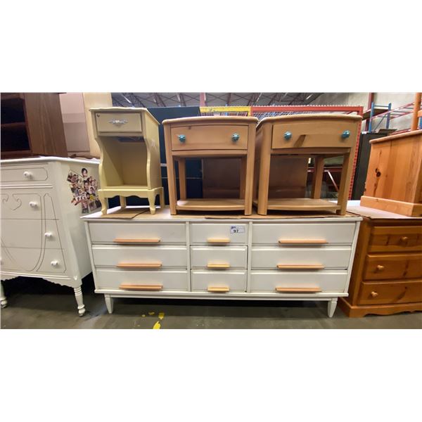 WHITE WITH GOLD FINISH HANDLES 9 DRAWER DRESSER AND (3) MIS-MATCHED SINGLE DRAWER NIGHT TABLES