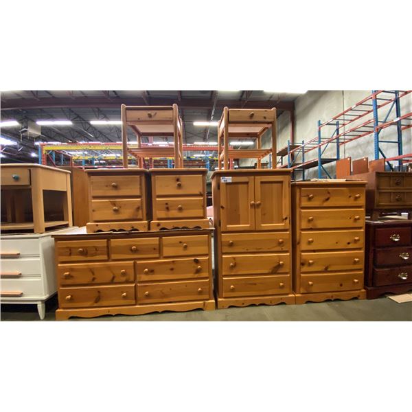 7 PCS. NATURAL PINE BEDROOM SET - 7 DRAWER DRESSER, 5 DRAWER DRESSER, 3 DRAWER WARDROBE