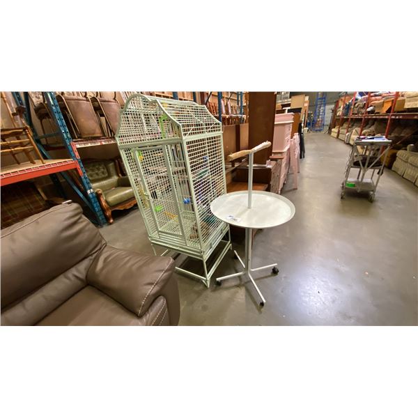 LARGE METAL BIRDCAGE WITH STAND AND ROUND MOBILE TABLE WITH BIRD PERCH