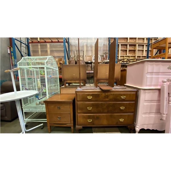 ANTIQUE 3 DRAWER DRESSER, 2 DRAWER NIGHT STAND  AND SMALL BOOKSHELF