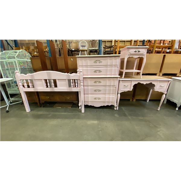4 PCS. PAINTED PINK BEDROOM SUITE - 5 DRAWER DRESSER, SINGLE DRAWER NIGHT TABLE, 2 DRAWER