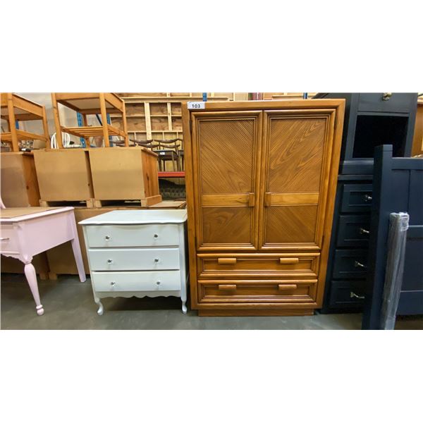 OAK 2 DRAWER ARMOIRE DRESSER AND WHITE 3 DRAWER DRESSER
