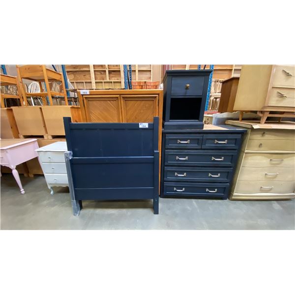 3 PCS. BLUE BEDROOM SET - 5 DRAWER DRESSER, SINGLE DRAWER NIGHT STAND AND SINGLE SIZE