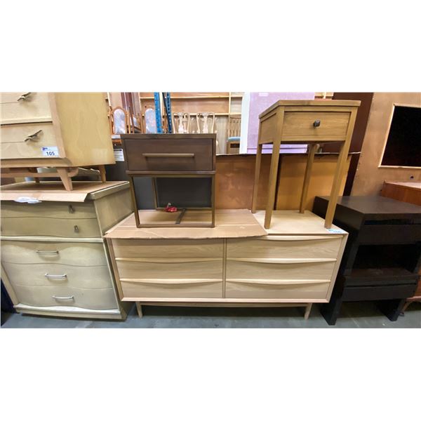 6 DRAWER BEDROOM DRESSER, SINGLE DRAWER NIGHT TABLE AND SINGLE DRAWER HALL TABLE